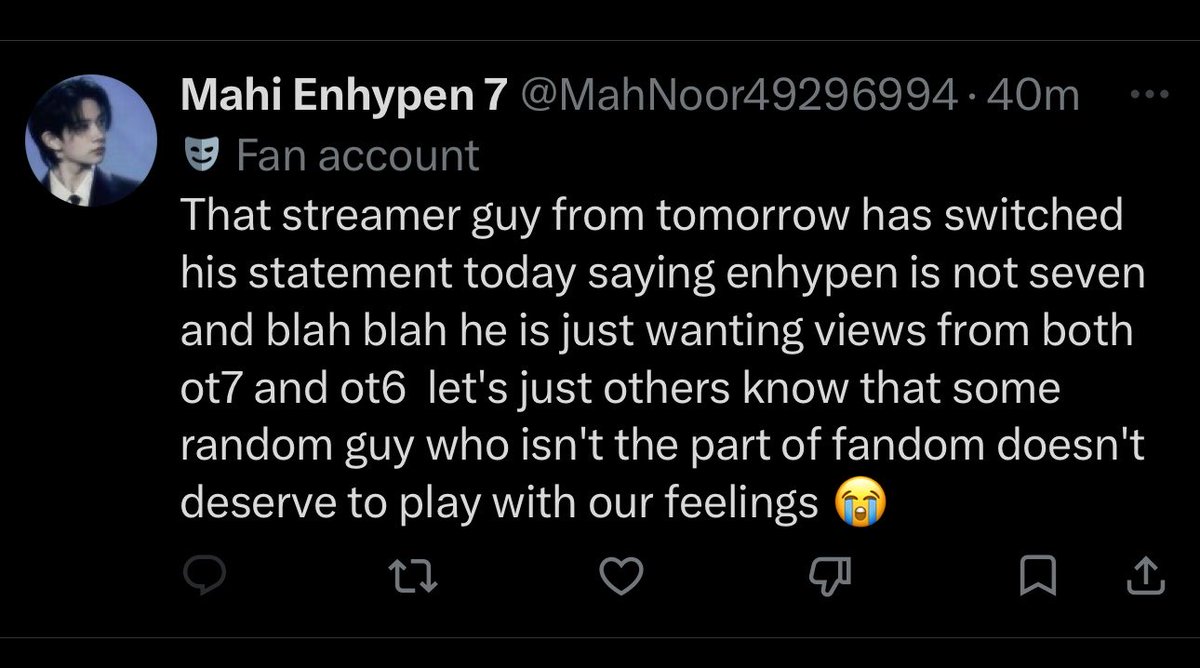 You guys are the ones feeding giving platform to outsiders to feed into your own delusions.

Notice how real engenes don’t need validation from streamers, other fandoms, or random people on the internet.

If you truly consider yourself an engene, then just listen to what the