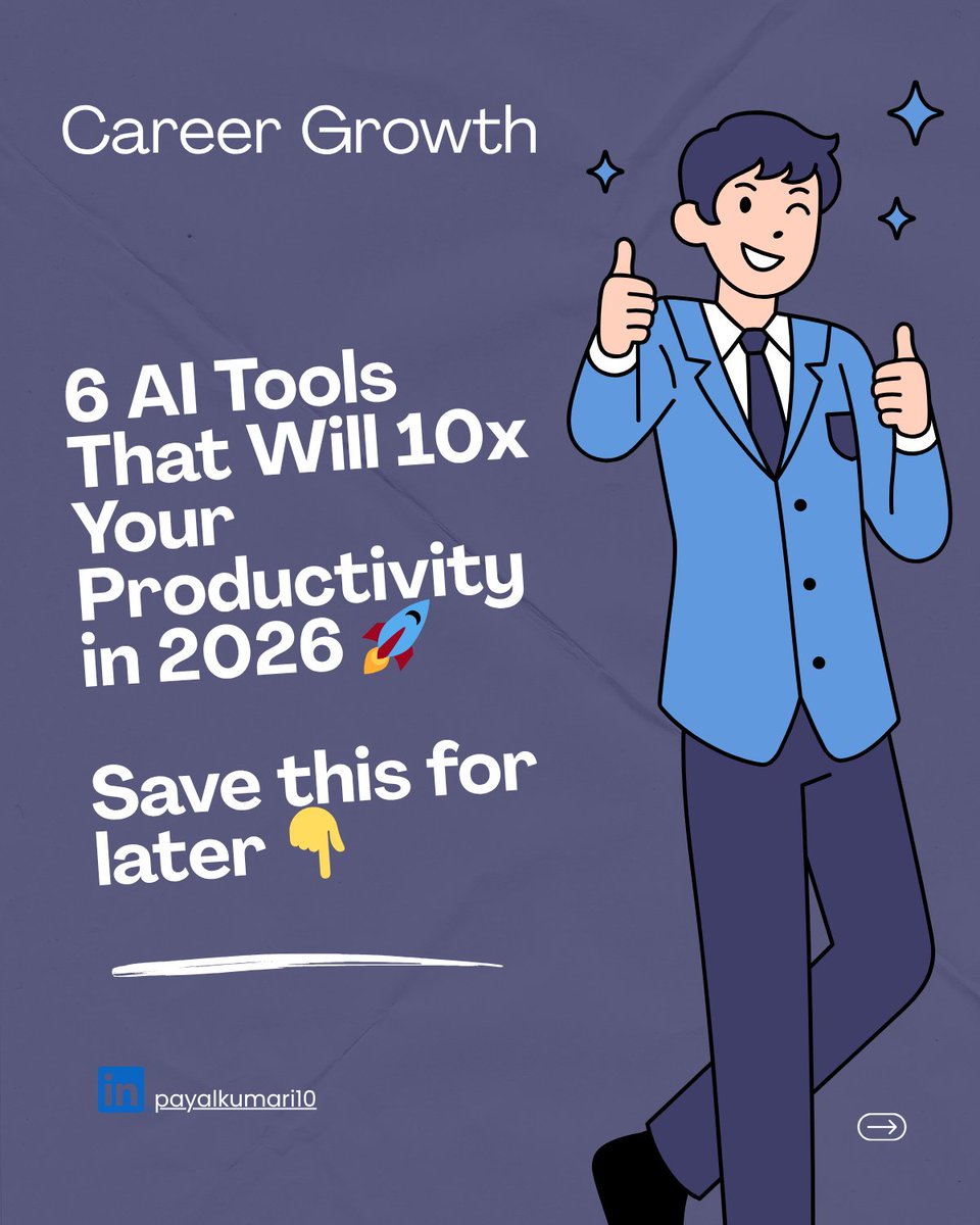 PayalKumar89652's tweet image. Stop trying every new AI tool.

In 2026, I focused on just 6 tools that actually improve productivity.

Result? More work done in less time.

Use AI smartly, not blindly.
If you’re a student, dev, or creator → this is for you 👇
#AITools #Productivity
