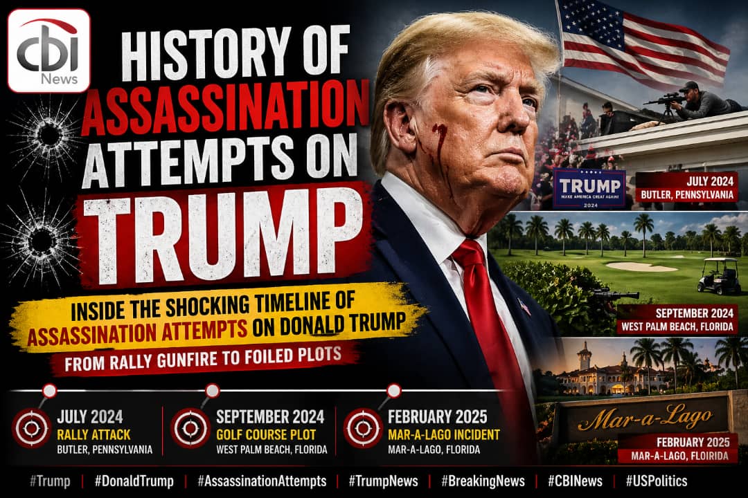 cbinewstv's tweet photo. History of Assassination Attempts on Trump

Inside the Shocking Timeline of Assassination Attempts on Donald Trump — From Rally Gunfire to Foiled Plots.

CBI News notes that President Donald Trump has faced numerous assassination attempts and death threats throughout his years as US president and as a candidate.

The closest call came in July 2024, at a rally in Butler, Pennsylvania, where a gunman accessed a nearby rooftop with a direct line of sight to then-candidate Trump as he spoke on stage. A bystander was killed, and Trump’s ear was wounded in the attack. Agents shot dead the suspect, 20-year-old Thomas Crooks, at the scene.

A few months later, in September, an armed man hid near Trump’s West Palm Beach golf course in Florida with the intent to kill him, according to officials.

Prosecutors said Ryan Routh methodically plotted to kill Trump for weeks before aiming a rifle through the shrubbery as he played golf. A Secret Service agent spotted Routh before he was able to open fire on Trump, and he was soon arrested nearby.

Routh was found guilty last year of attempting to kill the president and was sentenced to life in prison in February.

Also, in February, a 21-year-old man, Austin Tucker Martin, was shot dead after entering Trump’s Mar-a-Lago resort in Florida with a shotgun, but the President was not there.

#CBINewsTV #Trump #USPolitics #assassination #USIran