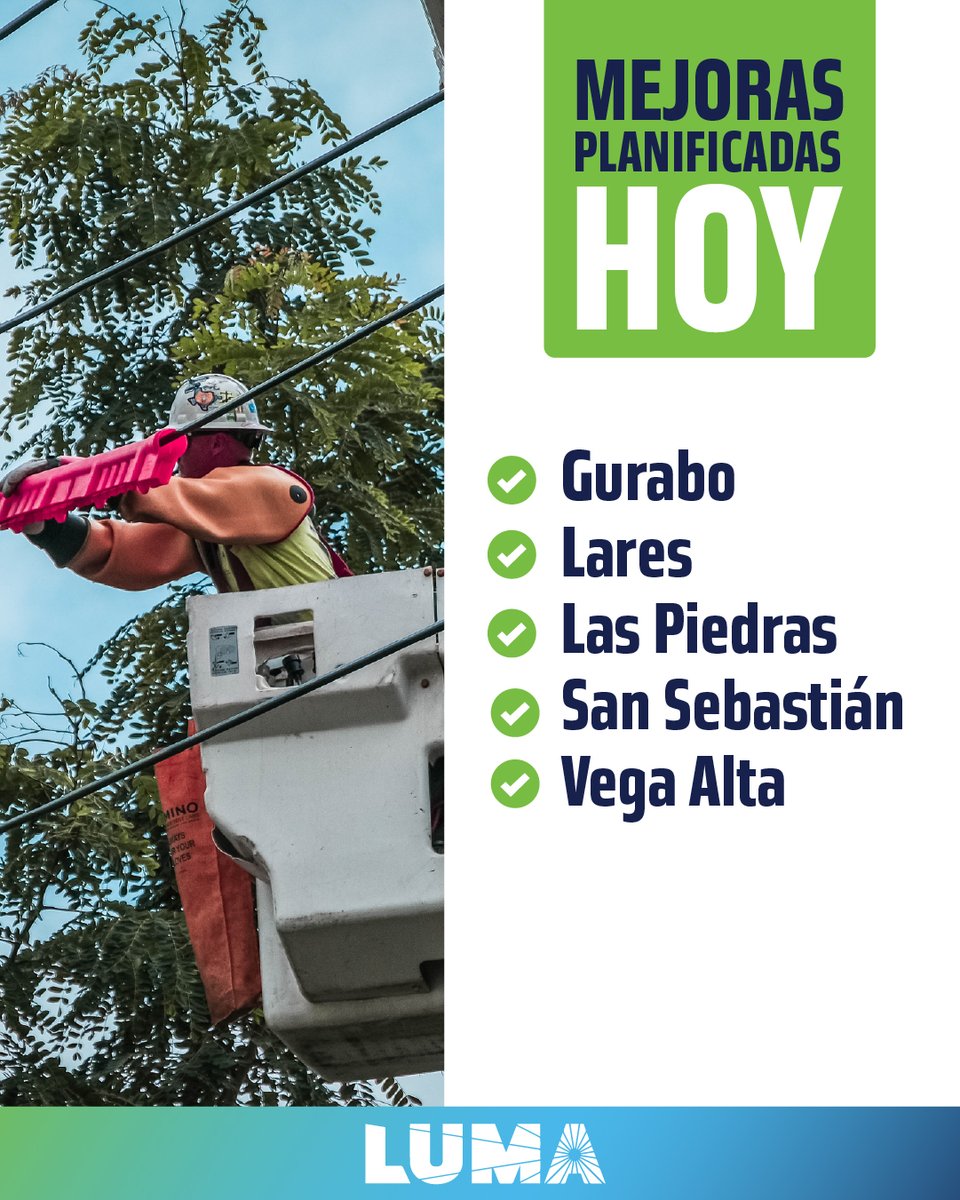 lumaenergypr's tweet image. Estamos enfocados en mejorar el servicio. Por eso, hoy estamos realizando trabajos de mantenimiento y modernización en varias zonas de Puerto Rico.

Conoce las áreas y horarios en: lumapr.com/mejorasplanifi…

#LUMA #MejorasPlanificadas #Infraestructura