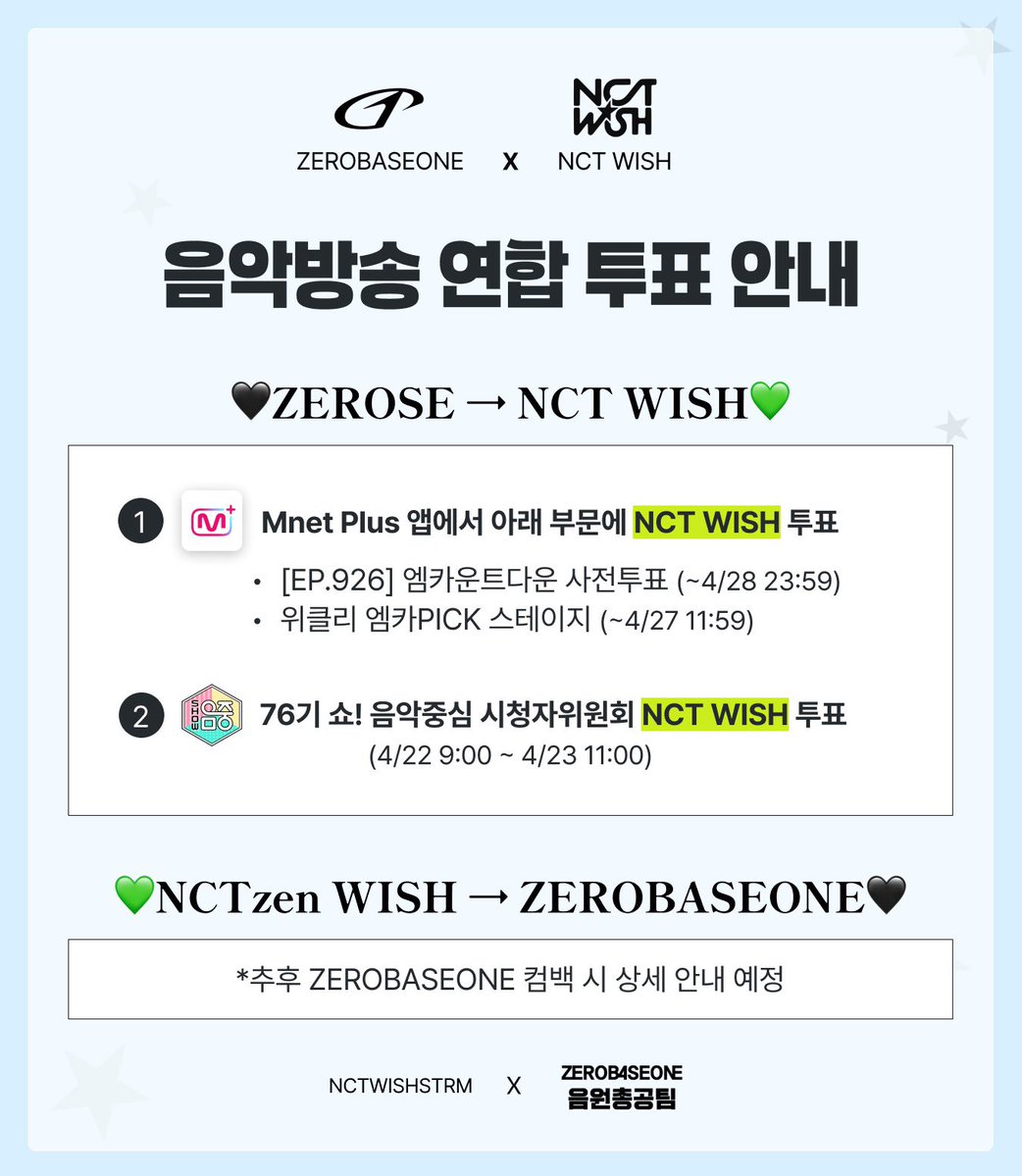 📢 제로베이스원X NCT WISH 연합 공지

제로베이스원 음원총공팀과
NCT WISH 스트리밍팀(<a href="/NCTWISHSTRM/">NCT WISH 스트리밍</a>)
연합을 진행합니다💙💚

🔁 제베원 컴백 2주차 동일 투표 상호 협력 예정
       시즈니 X 제로즈 함께 갑니다💚💙

🌹제로즈 참여 부분

✔ 엠카운트다운

        - 사전투표
         ‼️4/28