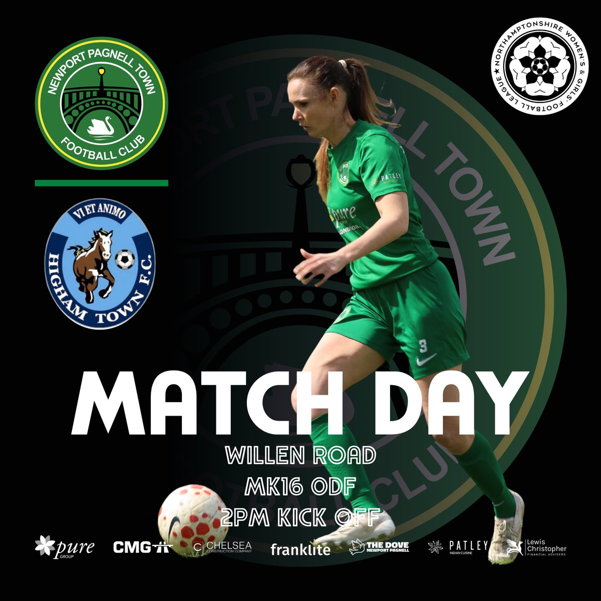 nptfcWomen's tweet image. It’s MATCHDAY! The Women's Dev Team host Higham Town Ladies at home – let’s go!

Join us on the main pitch this afternoon!! 💚 

📅 26.04.2026
📍 Willen Road, Newport Pagnell, MK16 0DF
🕐 2:00pm

#WomensFootball #NPTFC #HerGameToo #NewportPagnellTown