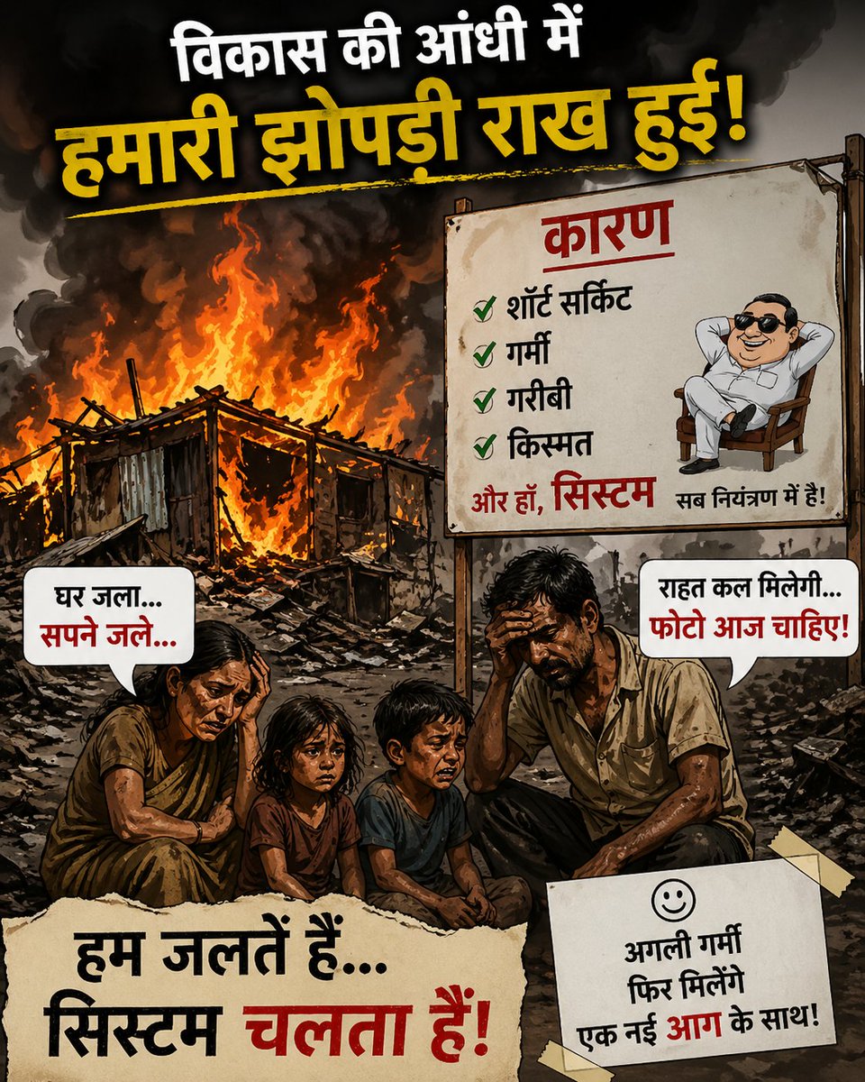NAKIHAIDER2's tweet photo. गर्मी आते ही शहरों की सच्चाई धुएँ बनकर आसमान पर लिखी जाने लगती है। कहीं झुग्गियाँ जलती हैं, कहीं पूरी बस्तियाँ राख हो जाती हैं। मगर सबसे बड़ी विडम्बना यह नहीं कि आग लगी—सबसे बड़ी विडम्बना यह है कि सत्ता हर साल वही तमाशा दोहराती है और जनता हर बार वही दर्द सहती है।
सत्ता के दफ्तरों में योजनाओं के ढेर हैं, भाषणों में विकास की आँधी है, विज्ञापनों में चमकता भारत है—लेकिन जमीन पर गरीब की झोपड़ी अब भी एक चिंगारी से हार जाती है। जिन शहरों को विश्वस्तरीय बनाने के दावे किए जाते हैं, वहाँ गरीब के घर तक सुरक्षित बिजली, पक्की छत, चौड़ी गलियाँ और आग से बचाव की व्यवस्था तक नहीं पहुँचती।
जब बस्तियाँ जलती हैं, तब अचानक अफसर जागते हैं। फाइलें खुलती हैं, जांच बैठती है, राहत की घोषणाएँ होती हैं। कुछ दिन बाद सब शांत। फिर अगली गर्मी का इंतज़ार। मानो व्यवस्था ने गरीब की तबाही को मौसमी कार्यक्रम बना दिया हो।
सत्ता flyover गिनती है, metro के फीते काटती है, skyscraper दिखाती है, लेकिन उन लाखों लोगों को भूल जाती है जो उसी शहर की रसोई चलाते हैं, निर्माण करते हैं, सफाई करते हैं, मजदूरी करते हैं। शहर उनकी मेहनत पर खड़ा है, पर उनकी जिंदगी की कीमत शून्य है।
सबसे शर्मनाक बात यह है कि हर हादसे के बाद जिम्मेदारी धुएँ की तरह उड़ जाती है। न कोई जवाबदेही तय होती है, न स्थायी समाधान निकलता है। बस मुआवज़े के कुछ टुकड़े फेंक दिए जाते हैं, जैसे इंसानी जिंदगी की कीमत तय कर दी गई हो।
विडम्बना यही है कि सत्ता को गरीब की झोपड़ी सिर्फ तब दिखती है जब वह जल रही होती है। बाकी दिनों में वह नक्शों, योजनाओं और भाषणों से गायब रहती है। अगर यही शासन है, तो फिर राख पर खड़ी चमक सिर्फ दिखावा है, विकास नहीं।