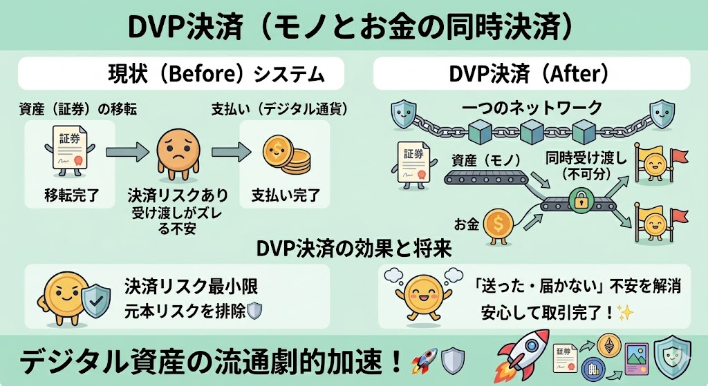 RewardyJapan's tweet photo. 資産（証券）の移転と、支払い（デジタル通貨）を同時に完了させる「DVP決済」の実装が進んでるよ✨
これまでは別々のシステムで動いていた「モノ」と「お金」が、一つのネットワークで繋がることで、決済リスクは最小限に。
「送った・届かない」の不安を解消するこの技術が、デジタル資産の流通を劇的に加速させていくんだよ〜🚀🛡️
#Web3 #ウォレット #リワーディ・ウォレット