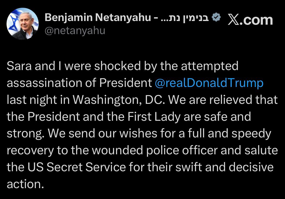 Mensaje de Netanyahu tras el nuevo intento de asesinato del Presidente #Trump, el tercero.
🇺🇸🇮🇱
- Netanyahu: "Sara y yo quedamos impactados por el intento de asesinato del presidente <a href="/realDonaldTrump/">Donald J. Trump</a> anoche en Washington, D.C. Nos alivia que el presidente y la primera dama estén