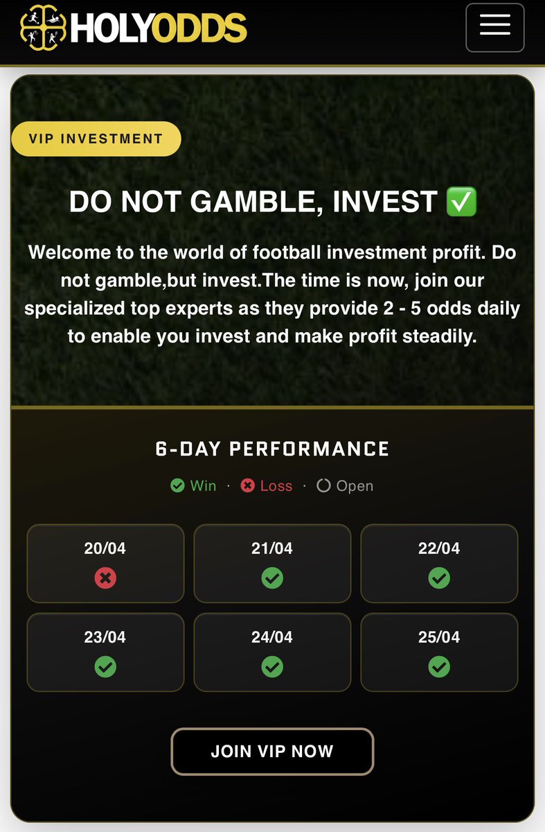 BEST SOCCER SITE 2026 💵

✅ BACK TO BACK WINS  
✅ MASSIVE STREAKS  

Holyodds.com

✅ BANKER OF THE DAY  
✅ OV1.5, OV2.5, UND3.5  
✅ DC, BTTS/GG, DRAWS &amp; MORE  

TELEGRAM👉 t.me/holyodds 🔥🔥

#SoccerTips #BettingTips #Holyodds #BankerBet #WinningStreak