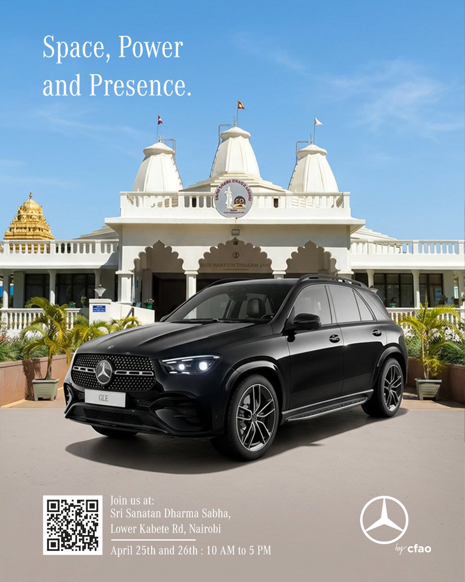 Space, Power and Presence.

Come experience the Mercedes-Benz GLE up close. Explore the space, feel the comfort and see why it’s built for your family.

Join us at Sri Sanatan Dharma Sabha, 25th–26th April.

#MercedesBenz #GLE #CFAOMobility #FamilyLuxury #NairobiEvents