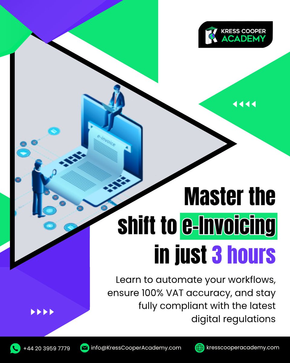 learnuraportal's tweet photo. Master eInvoicing quickly and streamline workflows while ensuring full VAT accuracy and compliance with the latest digital financial regulations.
📞 +44 20 3959 7779 | 📧 info@KressCooperAcademy.com | 🌐 https://t.co/Fs6l4Gowwv
#eInvoicing #DigitalFinance #VATCompliance https://t.co/Cb6DAJhKMS