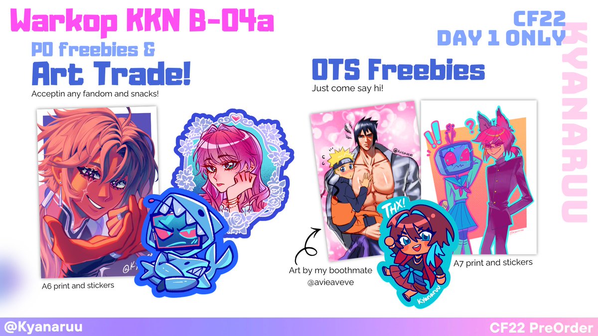 [💖&amp;🔁 appreciated]
Kyanaruu #cf22 Preorder is now open! ✨ 

📍 Booth Warkop KKN (Day 1)
🗓️ 26 apr - 30 apr
🛍️ pick up &amp; mail order! (&amp; Art trades) 
🔥 Historical Manhwa, TBHK, Gintama, Hazbin, Danganronpa, ALNST, Genshin, BLLK

(4/6)(🔗PO Form Below) 
#comifuro22 #cf22catalogue