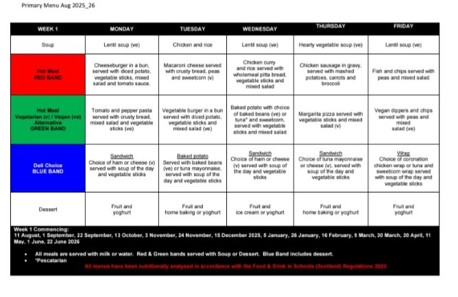 StPatricksPS's tweet photo. This week's menu. 
All Primary 1 - Primary 5 pupils are entitled to a free meal. Please top up cards for any P6 &amp; P7 pupils not eligible for free school meals &amp; for all pupils buying tuck. 
Please chat with your child to help them choose food they will eat. https://t.co/luMx7Zg2M1