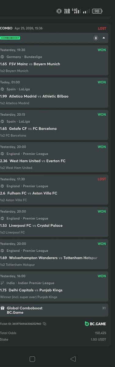 Footbal751305's tweet photo. How unlucky I'm I?
@bcgame 
😢 so close to win 150x multi.
just lost for Aston villa. 😔 https://t.co/mdqC9rFPEz