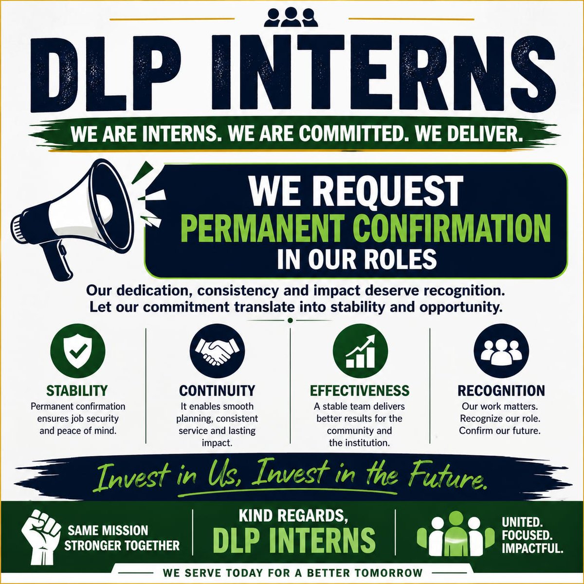 DLP INTERNS stand committed to service, consistency, and impact. We are calling for permanent confirmation in our roles to strengthen stability and delivery.
#DLPInterns #PermanentConfirmation #YouthVoicesKE #AccountabilityKE #KenyaYouth #BetterFuture #EducationMatters