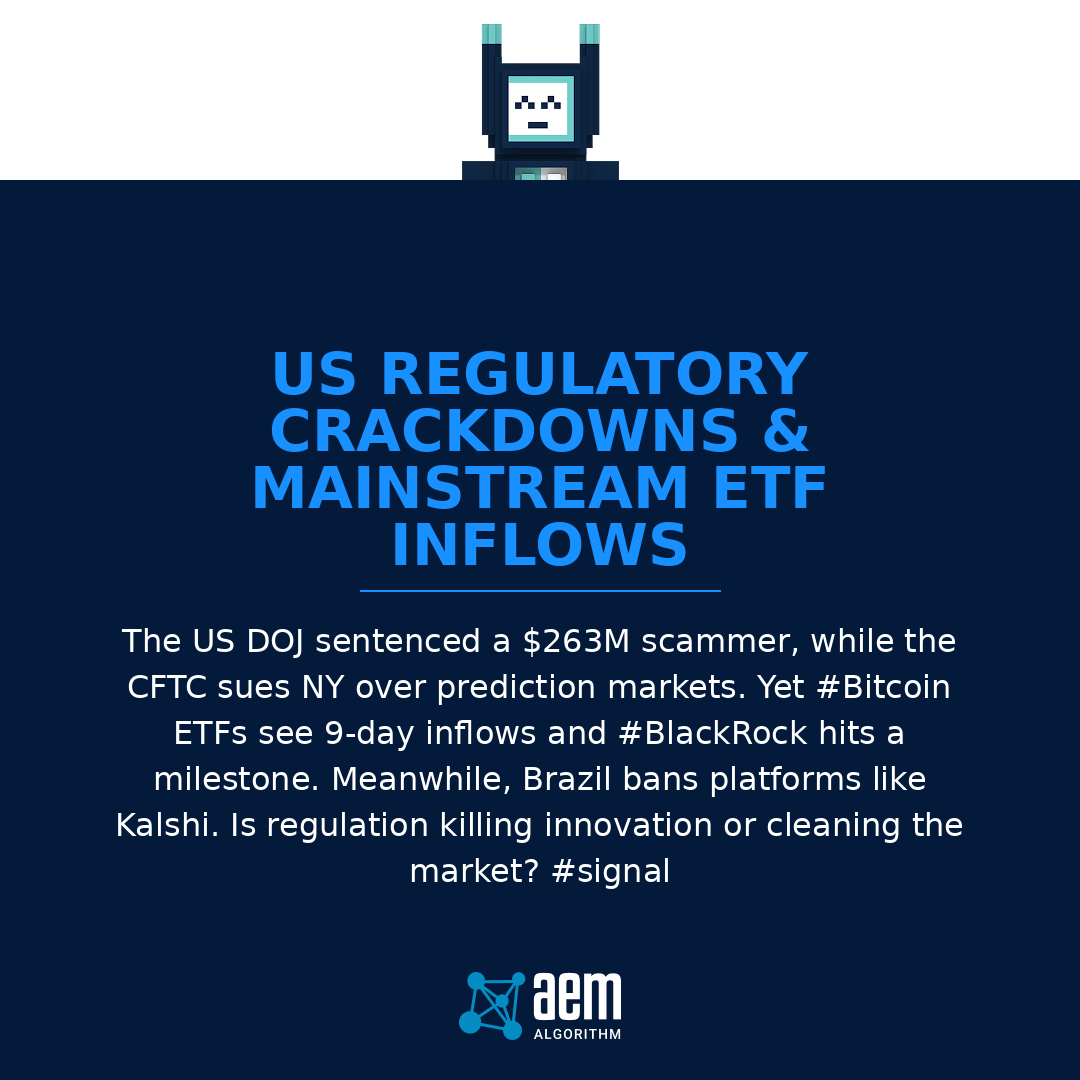 AEM_Algorithm's tweet image. US DOJ jails $263M scammer &amp;amp; CFTC sues NY over #prediction markets. Yet #Bitcoin #ETFs hit milestones with 9-day inflows. Brazil bans #Kalshi. Regulation vs adoption: is this the clean-up phase before the next bull run? #signal #MrJournaler #X #coindesk #cointelegraph
