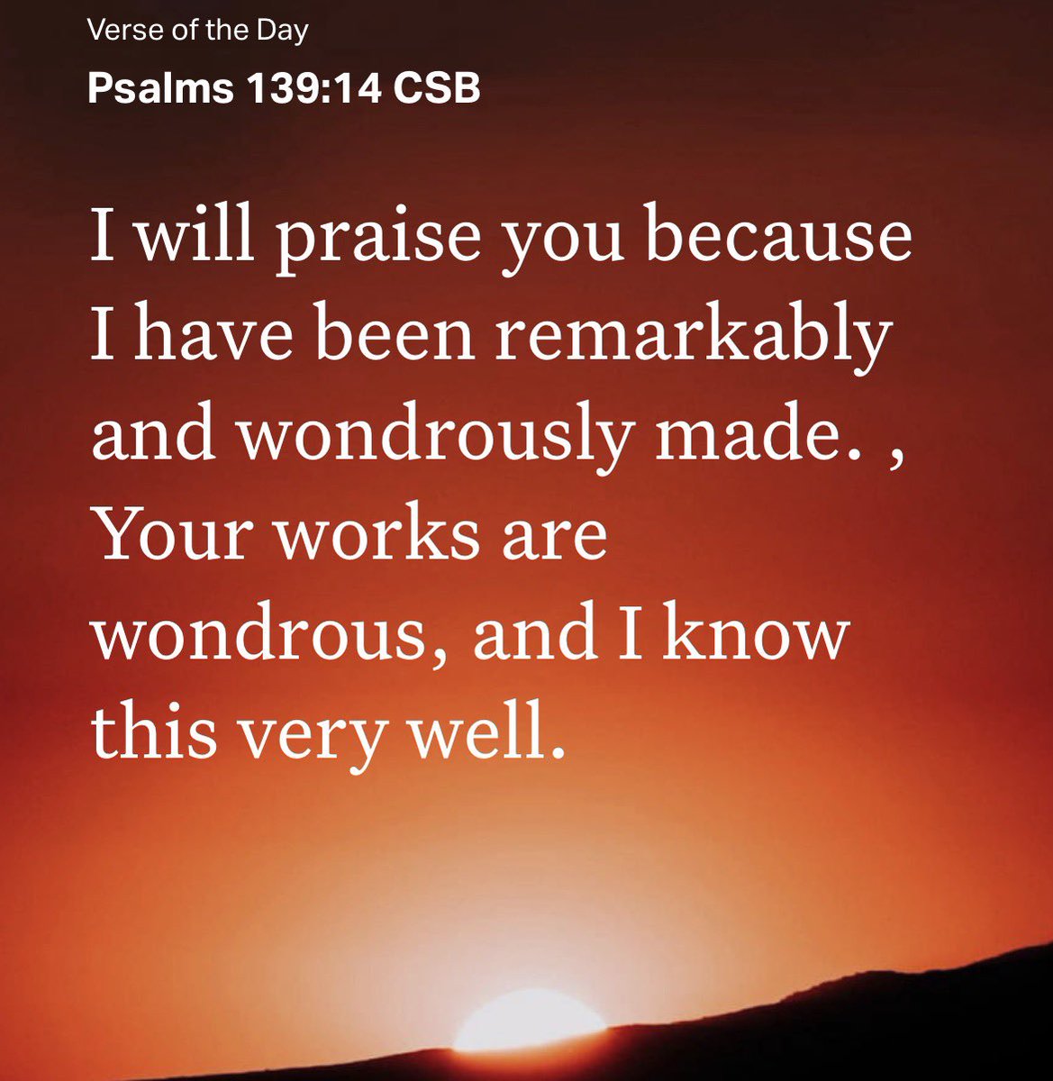ErdleyWrightJr's tweet image. “I will praise you because I have been remarkably and wondrously made. , Your works are wondrous, and I know this very well.”
Psalms 139:14 CSB #Bible #Verse #VerseOfTheDay @YouVersion #YouVersion
