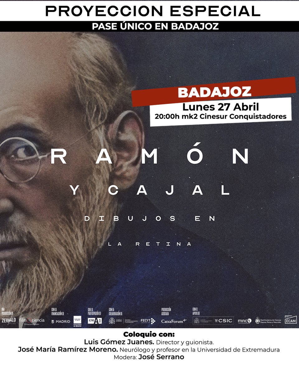 ZerkaloFilms's tweet image. 🎬 PROYECCIÓN ESPECIAL en BADAJOZ
Pase único Lunes 27 Abril 20:00h en @mk2cines  Cinesur Conquistadores
🎟 Entradas: mk2cines.es/es/mk2-cinesur…
@RamrezJM @Medicina_UEx @UExDivulga 
#documental  #neurociencia  #ramonycajal  #badajoz #neurologia