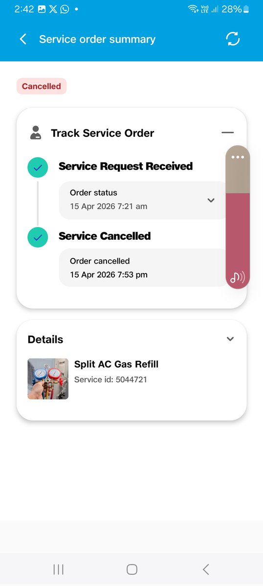 Preetigc's tweet photo. Unable to open your Message link. However attaching 3 pics of the service request cancelled on your own, then another showing service complete whereas no one came and no one collected the happy code I recieved and 3rd again. https://t.co/kdaGUY12Er