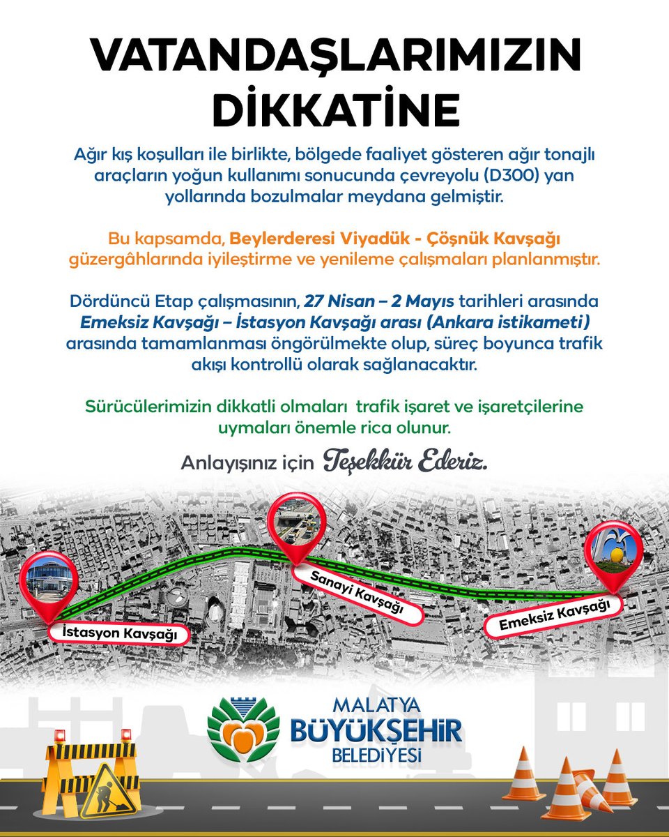 MalatyaBelTr's tweet photo. Vatandaşlarımızın dikkatine;

Çevreyolu yan yolda yürütülecek bakım ve yenileme çalışmaları kapsamında, 27 Nisan – 2 Mayıs tarihleri arasında Emeksiz Kavşağı – İstasyon Kavşağı (Ankara istikameti) arasında trafik kontrollü olarak sağlanacaktır.

Sürücülerimizin trafik işaret ve işaretçilerine uymaları önemle rica olunur.