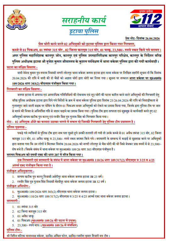 etawahpolice's tweet image. #Etawahpolice
#Goodwork
भैस चोरी करने वाले 02 अभियुक्तों को इटावा पुलिस द्वारा किया गया गिरफ्तार,
कब्जे से 01 पिकअप, 01 तमंचा 315 बोर , 02 जिन्दा कारतूस 315 बोर, 01 चाकू, 23,500/- रुपये नकद किये गये बरामद ।