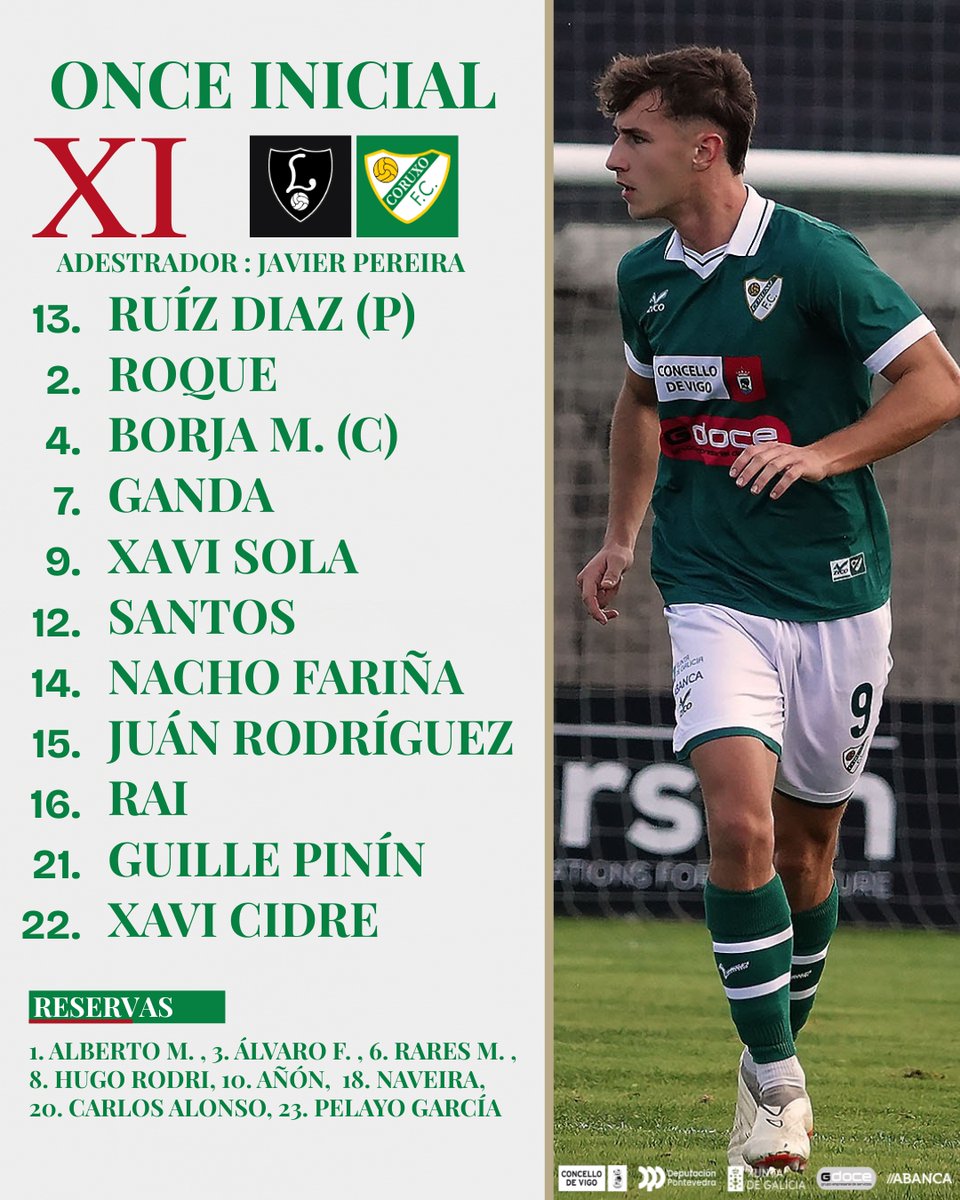 CoruxoFCoficial's tweet photo. ¡𝑶𝑵𝑪𝑬 𝐂𝐎𝐍𝐅𝐈𝐑𝐌𝐀𝐃𝐎! O Coruxo FC sae de cara con estes homes para loitar polos 3 puntos no partido que dará comezo en media hora no Municipal Les Caleyes fronte o CD Lealtad. ¡𝐈𝐦𝐨𝐬 𝐂𝐨𝐫𝐮𝐱𝐨! #SiSePode 💚✨

#CDLealtadCoruxoFC
#SomosOQueLoitamos
#2ªRFEF https://t.co/lM2PYoWDaP