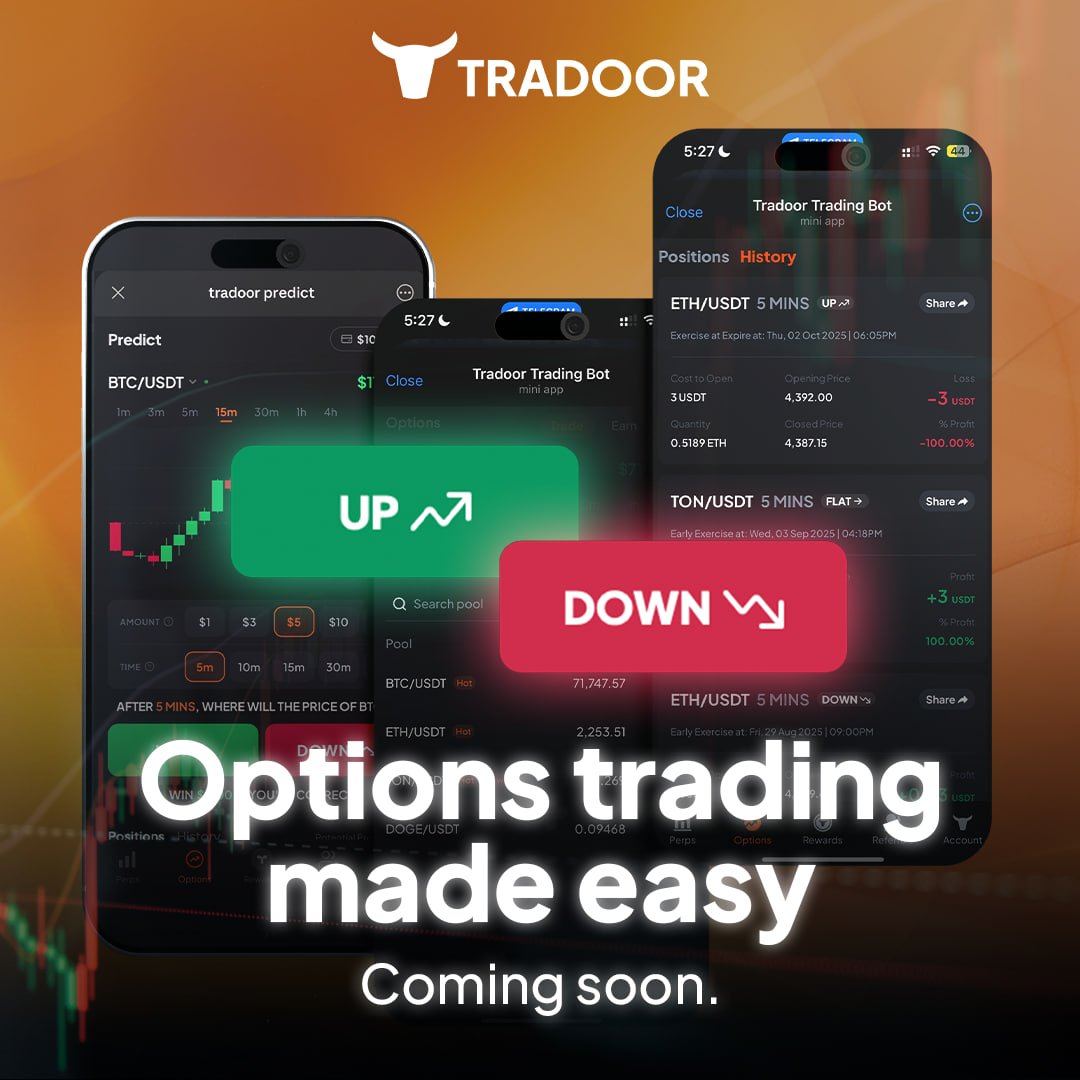 tradoor_io's tweet photo. Is trading Options too scary? Not anymore!

😵‍💫 “I don’t know what to click”
Others: 99 buttons staring back at you.
Tradoor: A beautiful and intuitive experience.

🧠 “This is confusing”
Others: Need to read a dictionary before trading.
Tradoor: Simplified terminology for everyone.

⏱️ “I’ll miss the move”
Others: Click 100 times while the price runs.
Tradoor: Trades placed in less than 1 second.

We’re building an options experience that anyone can trade, anywhere.

Stay tuned ⚡️