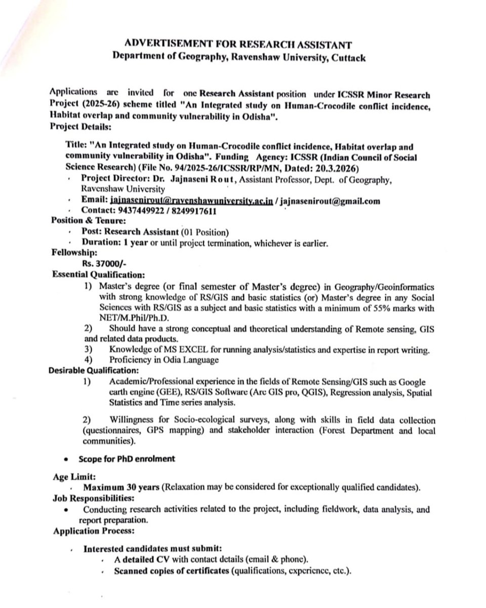 DHE_Odisha's tweet image. Ravenshaw University invites applications for the post of Research Assistant under an ICSSR Minor Research project.

🗓️ Last date: 1st May, 2026
📍 Department of Geography

#research #project  #recruitment #highereducation