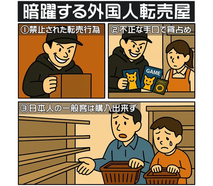 gamegetnavi's tweet photo. この2日間だけでも4⃣店舗で
中国人、ベトナム人による不正＆暴力行為などで
トレカ販売中止❗

✅クロスストア京都
✅ビック新宿駅前
✅ヨドバシ吉祥寺
✅ヨドバシ錦糸町

こんな日本で良いの？
Xの投稿でも良いので、日本を守る為に声を上げませんか？

世論が動けば、国政も動きますよ❗

#拡散希望 https://t.co/JK854U8vNT