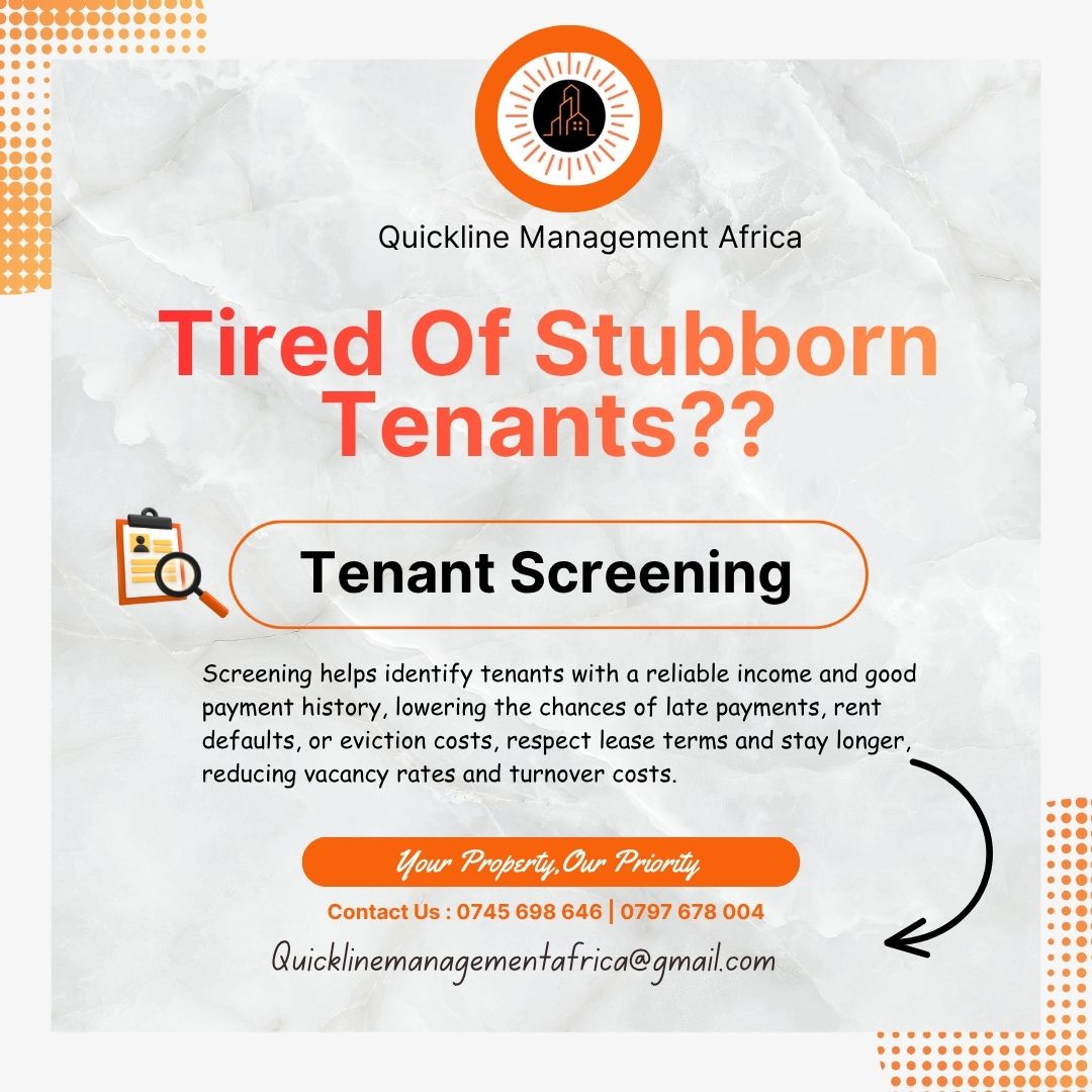 QuicklineAfrica's tweet image. Whether you own residential or commercial property, selecting the right tenant protects your investment and ensures steady income. #propertymanagement #nairobikenya #nairobispeaks #realestatecompanies