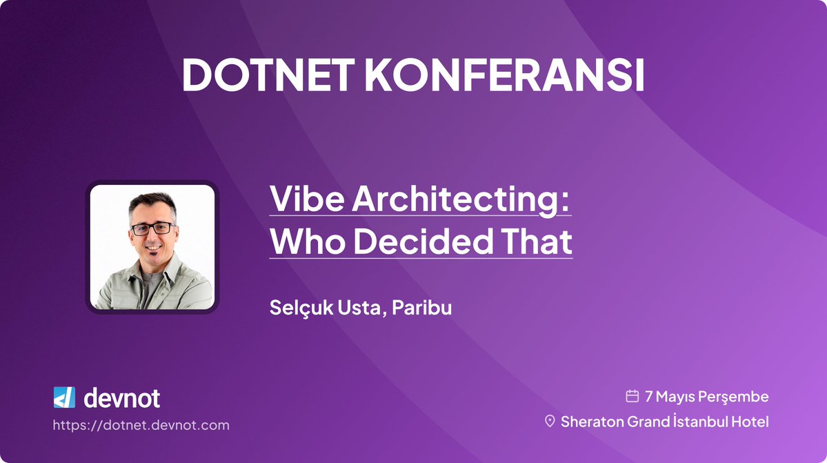 devnot_'s tweet photo. Selçuk Usta 7 Mayıs Perşembe günü Dotnet Konferansı 2026'da bizlerle.

Detaylar ve kayıt için: https://t.co/CSKnhP3CKU #dotnetkonf26 https://t.co/qqMEHIQd3e