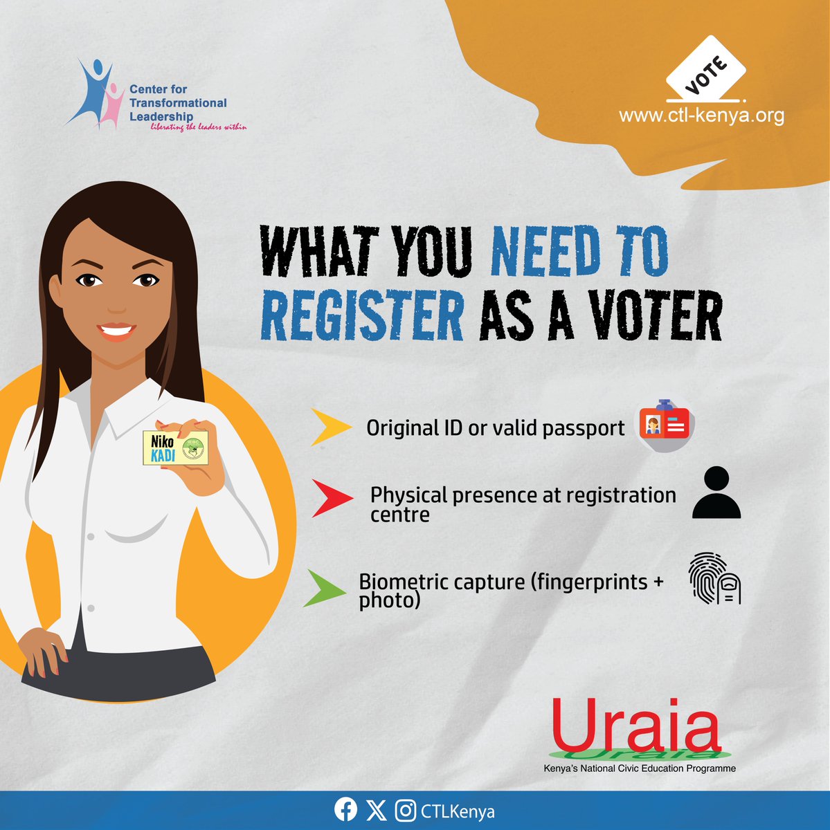 CTLKenya's tweet photo. ALL you need is your original ID.

Head to your nearest voter registration center and make it count.

5 minutes tu na utakuwa #kadi!

#YourVoteYourVoice https://t.co/s36YW6GgbK