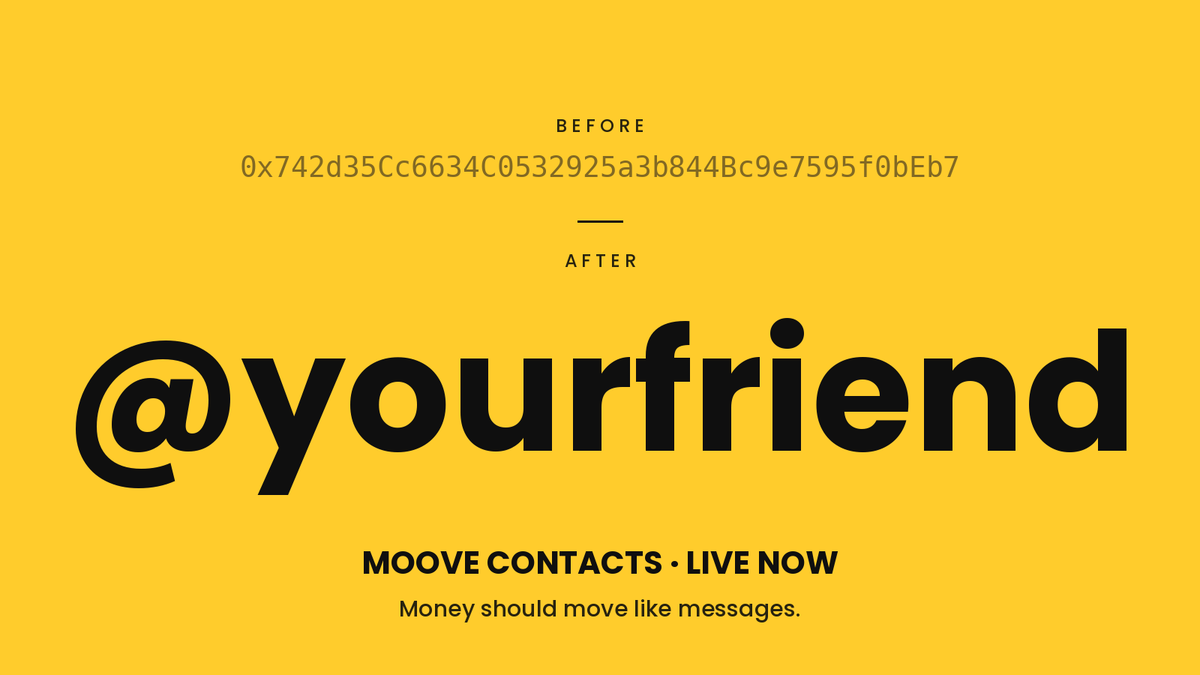 Mijanur660's tweet photo. 🚀 Big upgrade unlocked!
From long wallet addresses → to simple contacts.
This is the kind of UX evolution Web3 truly needs.
 Moove Contacts is LIVE 
Proud to see how @moovexyz is making crypto payments feel as easy anyone can now send crypto as easily as sending a text message. Just tag @yourfriend select a crypto, and click send!

Download on Android 👉
https://t.co/9yZC7qiSCH
#MooveXYZ #Web3 #CryptoPayments