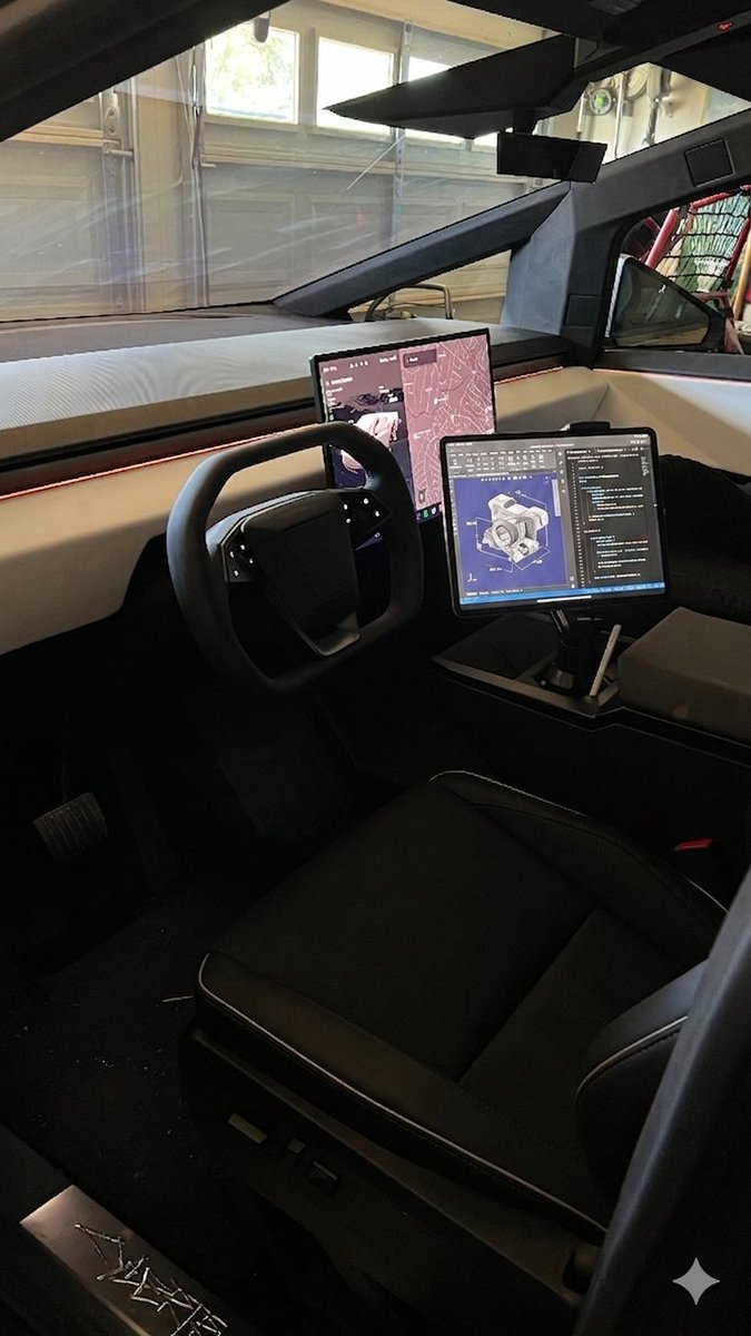 ItsGotElectroly's tweet photo. @TeslaSynopsis That laptop placement is not great also why a keyboard? 
-Mount iPad for hands free drawing and just talk to your AI, Grok or local docker stack running on MBP M5 128GB. It's a dream come true.

https://t.co/nNmjpkb6hR