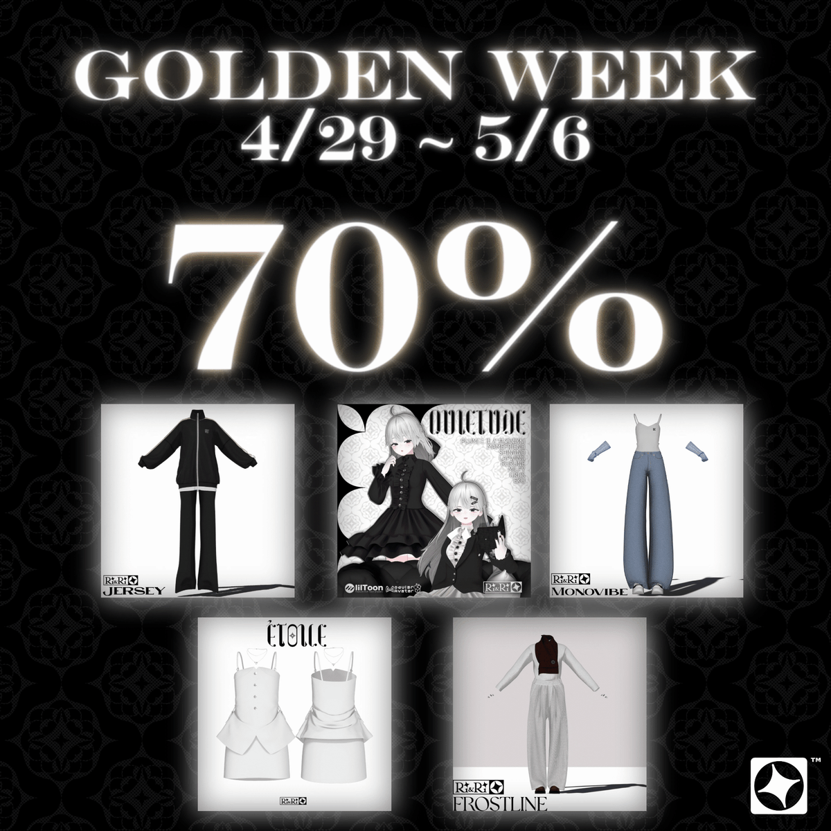 riandri1994_'s tweet photo. 🌟 Ri&Ri GOLDEN WEEK SPECIAL 🌟
ゴールデンウィーク限定で一部商品を 70% OFF で販売します!
📅 期間:4/29 〜 5/6
対象アイテム:
✦ JERSEY
✦ QUIETUDE
✦ MONOVIBE
✦ ÉTOILE
✦ FROSTLINE
この機会をお見逃しなく!💨
https://t.co/z2GpUTgvqM
#VRChat #RIandRI #booth_pm https://t.co/ePPVcb7Two