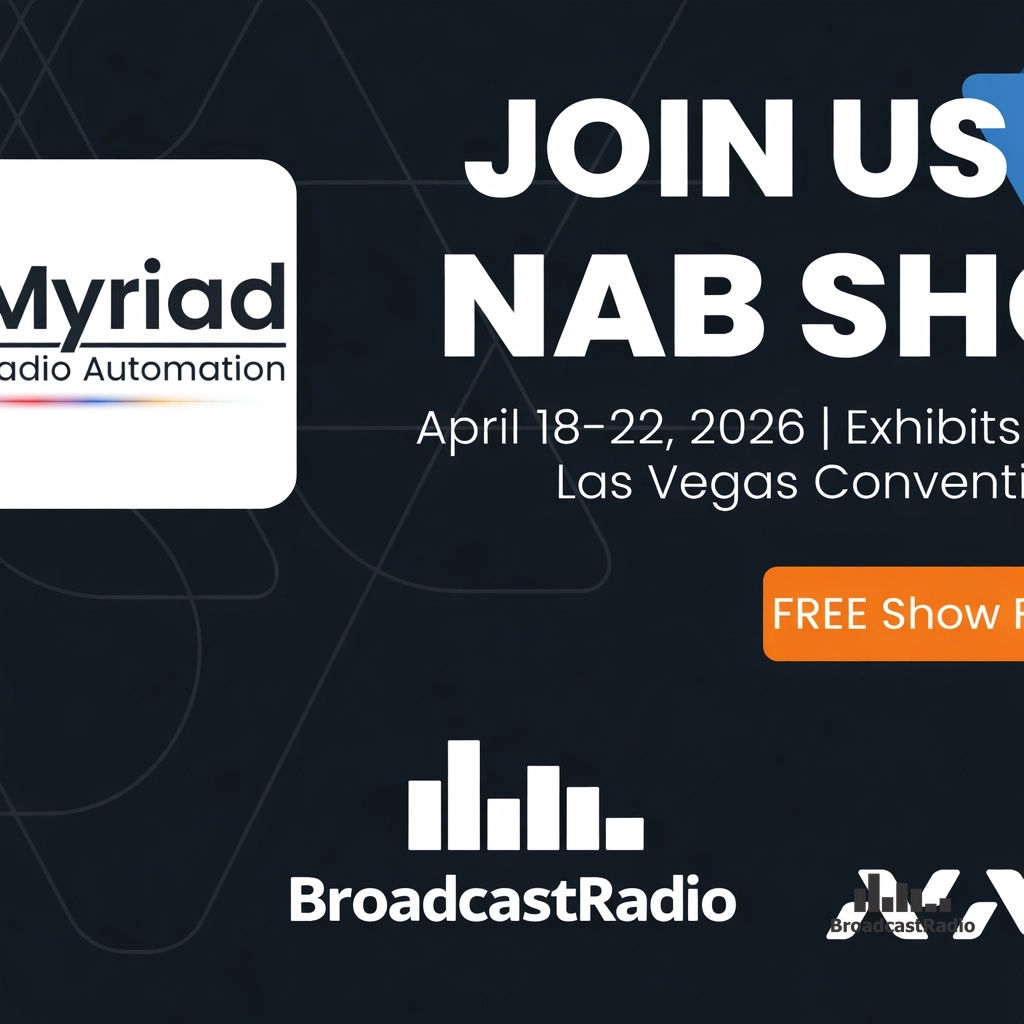 BroadcastRad's tweet photo. AI is a member of your team. At NAB Show 2026, see how Myriad Playout &amp; Automation uses AI voice links to handle the routine, giving presenters more time for local engagement. Visit Stand C2230. Use code NS9659 for a FREE pass! #NABShow #AIRadio https://t.co/LUV12vVuJV