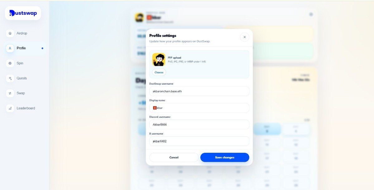 You can now edit your profile on Dustswap.

We added a dedicated User Info Settings section where you can update:
• PFP
• name
• X username
• Discord username

If you added the wrong X username before, you can now change it from profile settings as well.

We are continuing to