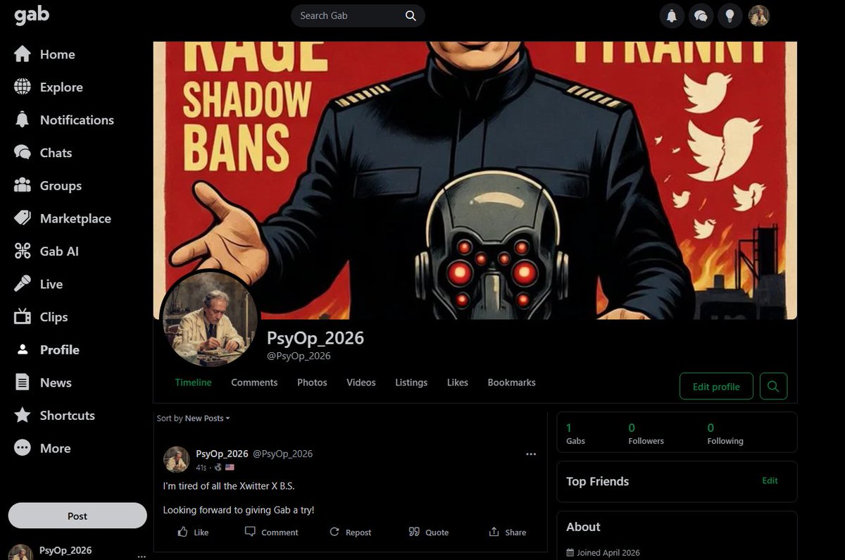 jong_slow's tweet image. Anyone use Gab ?

I am not down with all the right-wing nonsense on there but I will try it out anyway. 

Anything might be better than Xwitter these days! 

My handle there is @PsyOp_2026 

#Tech #Twitter #Gab