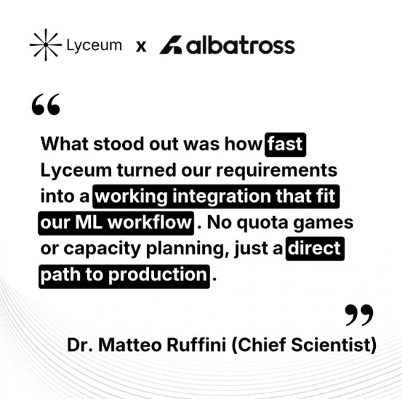 Lyceum_HQ's tweet photo. Albatross AI is building AI recommendation systems for online marketplaces.
Their models need to be retrained multiple times a day to keep up with real-time signals.
That’s a hard problem on standard cloud infra. https://t.co/4LPgZL2fZN