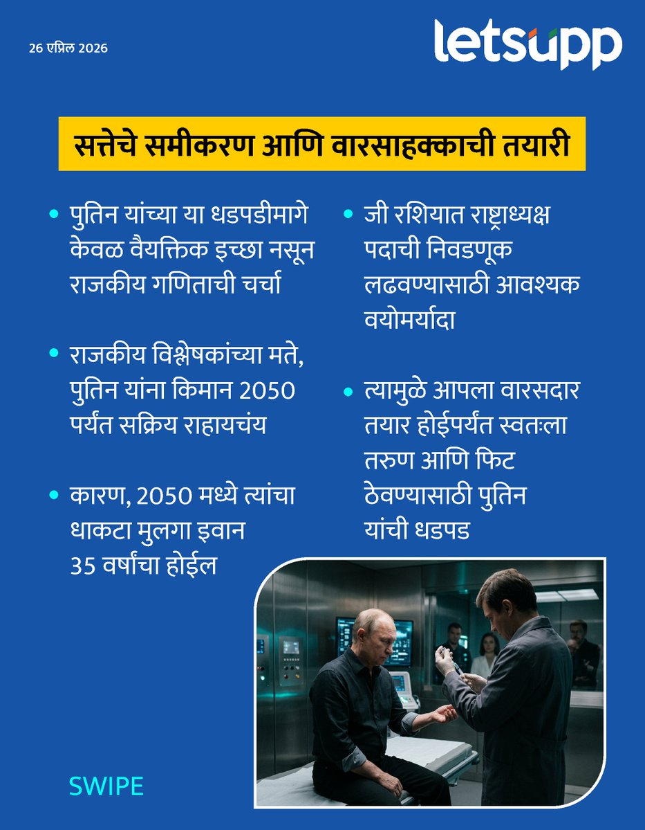 LetsUppMarathi's tweet image. निसर्गाच्या नियमांना थेट आव्हान देत, रशियाचे राष्ट्राध्यक्ष व्लादिमीर पुतिन यांनी चक्क 'वृद्धत्वावर विजय' मिळवण्यासाठी आपली संपूर्ण शक्तीपणाला लावली आहे.
-
#Rusia #russia #RussiaNews #VladimirPutin #presidentofrussia #russian #AntiAgingVaccine #Antiaging #oldage #genetherapy