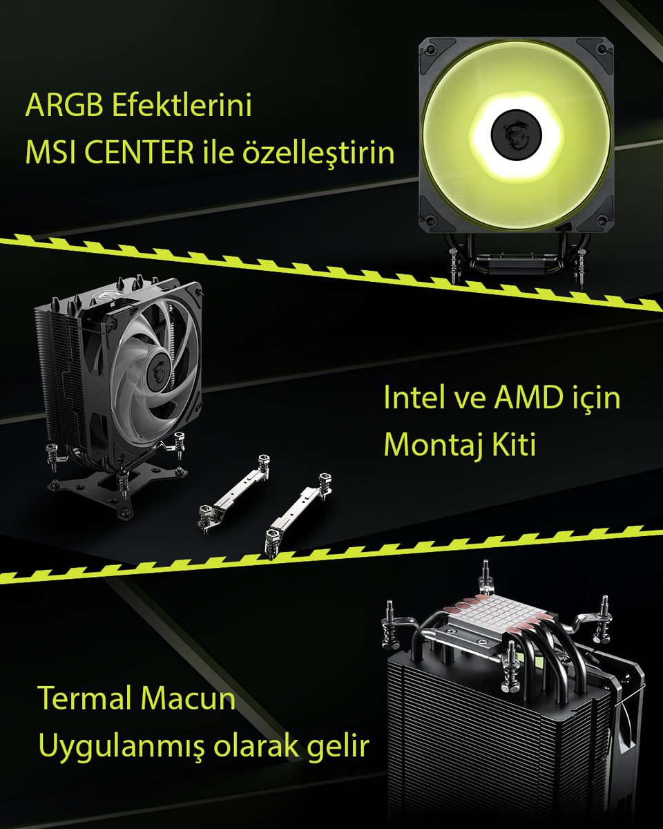 MSITurkiye's tweet photo. Hava soğutma artık çok daha pratik.

MAG COREFROZR AA13, zahmetsiz kurulum için tasarlandı:
➤ Önceden uygulanmış termal macun
➤ Intel &amp; AMD işlemciler için montaj kitleri
➤ MSI Center üzerinden kolay fan ve RGB kontrolü

#MSI #CoreFrozr #MAGSeries #AirCooling #CPUCooler https://t.co/hh0PmZlwDJ