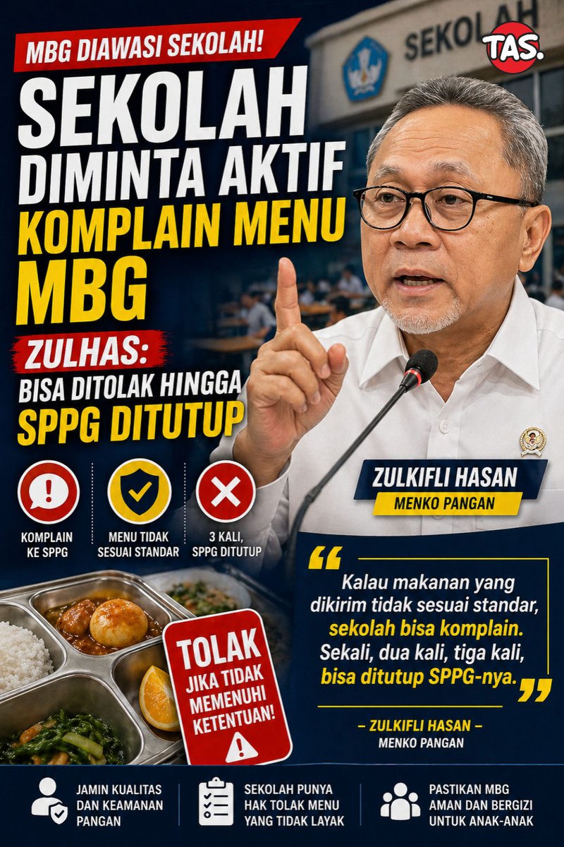 nelaspunk's tweet image. Pemerintah menegaskan pentingnya peran aktif sekolah dalam mengawasi pelaksanaan program Makan Bergizi Gratis (MBG), khususnya terkait kualitas dan standar menu yang diberikan kepada siswa.  
#MBG #MakanBergiziGratis #PengawasanPangan #SekolahAktif #GiziAnak #KualitasPangan