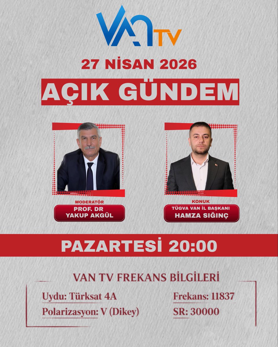 hamzasgnc's tweet photo. Gençlik; bugünün enerjisi, yarının teminatıdır.

TÜGVA’nın Türkiye Yüzyılı’na dokunan çalışmaları,
ortaokuldan liseye, liseden üniversiteye uzanan süreçte
değer odaklı bir gelecek inşa etme vizyonuyla ele alıyoruz.

🗓 27 Nisan 2026
⏰ Pazartesi | 20:00
📺 Van TV

Açık Gündem’de gençlik üzerine konuşuyoruz.