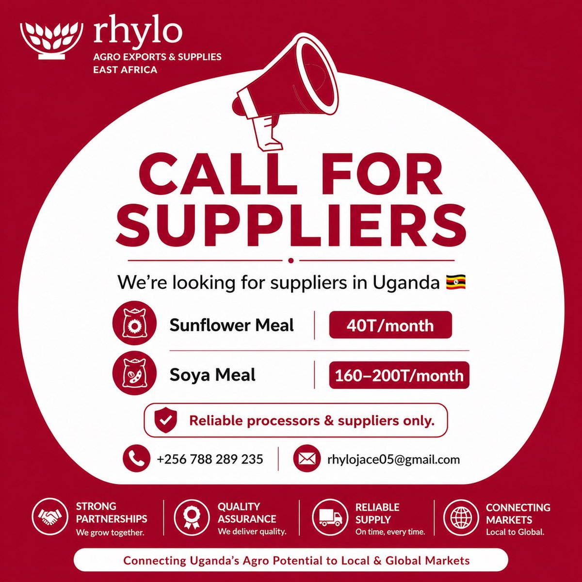 Rhyloagroexpt's tweet image. We’re looking for suppliers in Uganda 🇺🇬

📦 Sunflower Meal – 40T/month
📦 Soya Meal – 160–200T/month

Reliable processors &amp;amp; suppliers only.

📞 +256 788 289 235
📧 rhylojace05@gmail.com

#Uganda #AgroBusiness #SupplyChain #Exports #B2B