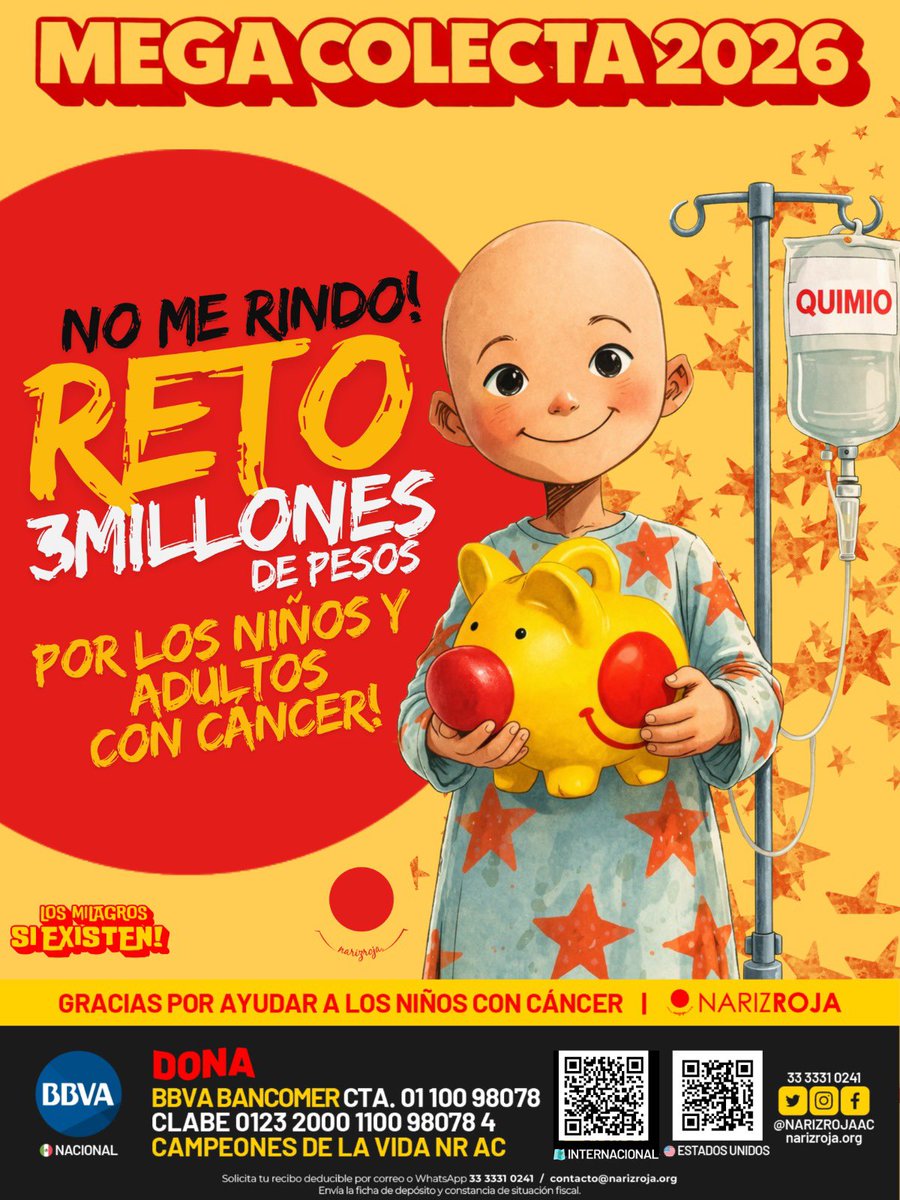 NARIZROJAAC's tweet image. Arrancamos la #MegaColecta para comprar medicamentos para niños y adultos con cáncer. #FaltaAmor pero en 🔴 nos sobra ❤️ nuestra reto es reunir:
$3 millones de pesos ,  juntos somos invencibles #NoMeRindo 

🇲🇽 BBVA  Cuenta: 0110098078 Clabe:  012320001100980784  Campeones de la