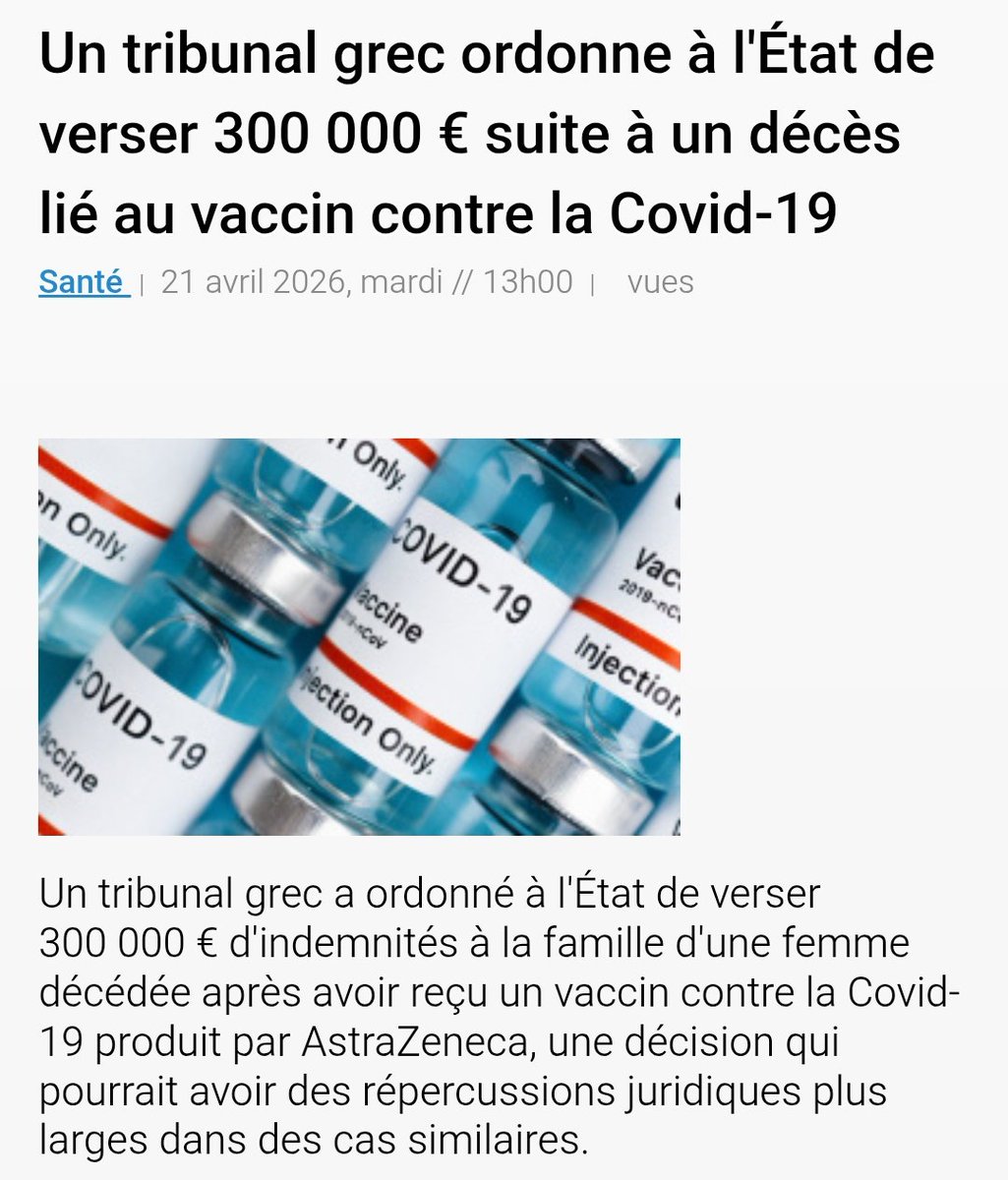 mary_pasteur's tweet image. ⚖️ 🇬🇷 Grèce : l'État jugé responsable

Un tribunal d'Athènes reconnaît la responsabilité de l'État dans un décès lié au vaccin #Covid19.

Le juge rejette l'argument du "choix volontaire" : la campagne de santé publique engage la responsabilité de l'état.

#Justice #Santé #Grèce
