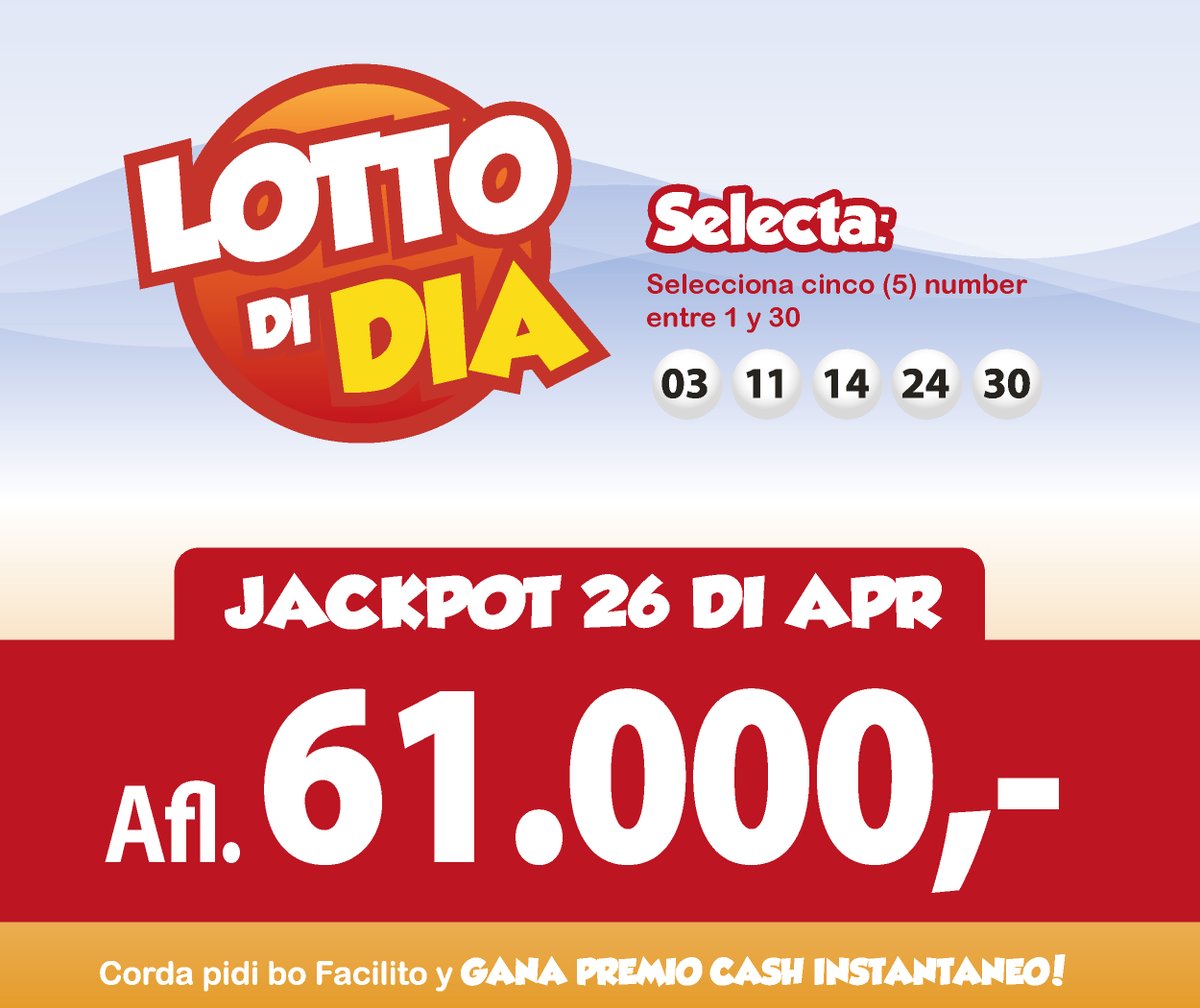 Lottoaruba's tweet image. Corda cumpra bo Lotto di Dia trempan, pasobra awe sorteo ta hunga 2 or y bo tin chens di gana 61 mil florin. Pa solamente 2 florin!

Pa hunga online🌐, bishita bit.ly/3fhDyk0

#lotto #cambiandobida #loteria #aruba #jackpot #lottodidia #facilito