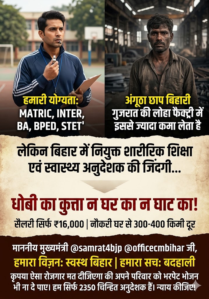 माननीय मुख्यमंत्री <a href="/samrat4bjp/">Samrat Choudhary</a> , <a href="/officecmbihar/">CMO Bihar</a> जी आपके विजन को सलाम की आप एक एक लोगो को चिन्हित कर बिहार में ही रोजगार देंगे
लेकिन अफसोस आपके ही शासन में बिहार के स्कूल में नियुक्त शारीरिक शिक्षा एवं स्वास्थ्य अनुदेशक की जिंदगी धोबी का कुत्ता न घर का न घाट का जैसा हाल है....