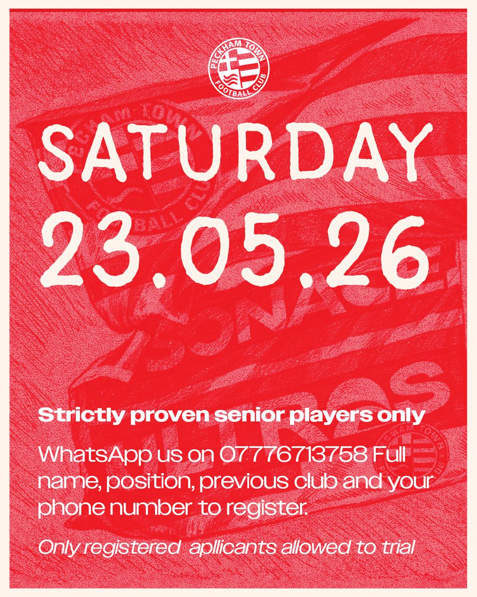 PeckhamTownFC's tweet image. ⚽️ MENACE TRIALS ⚽️

Do you want to play for a community club, in front of 100+ crowds, with an UEFA A License coach?

If you do, then register via WhatsApp for our trials on the 23rd May, details in the images below.

♥️💙🔥🇹🇭🔥💙♥️
#MenaceFamily #NonLeague #trials #Peckham