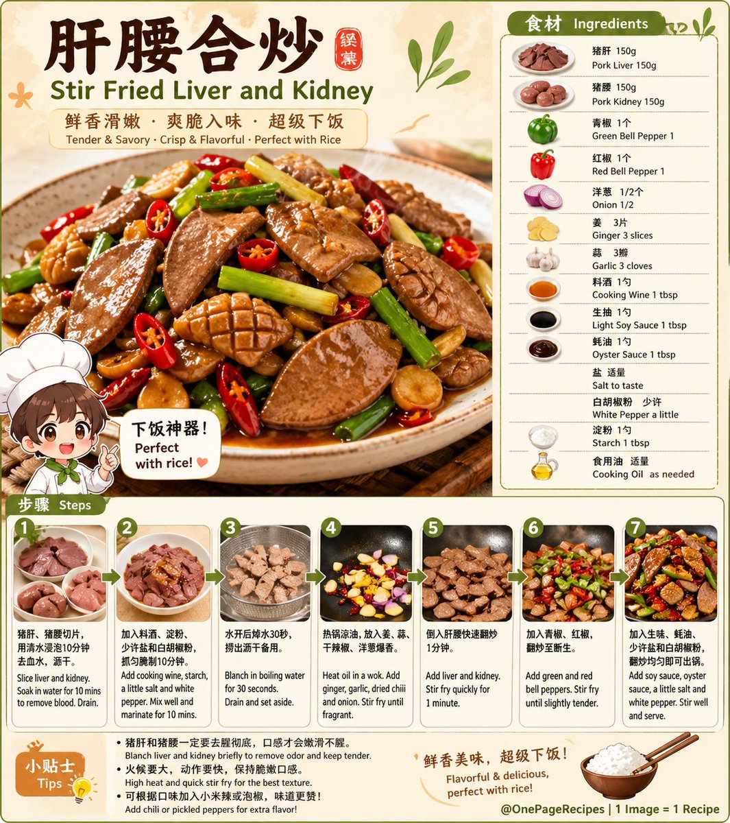 wumingzhibei26's tweet image. 👀🔥 Bold flavors, tender bites!
Stir Fried Liver and Kidney
Savory, spicy, and super satisfying 😋 Perfect with rice!
Try it tonight 👇
👀🔥 重口但超香！
肝腰合炒
嫩滑入味，下饭神器 😋 一口停不下来！
今晚就试试👇
@OnePageRecipes
#recipe #easycooking #foodie #homecooking