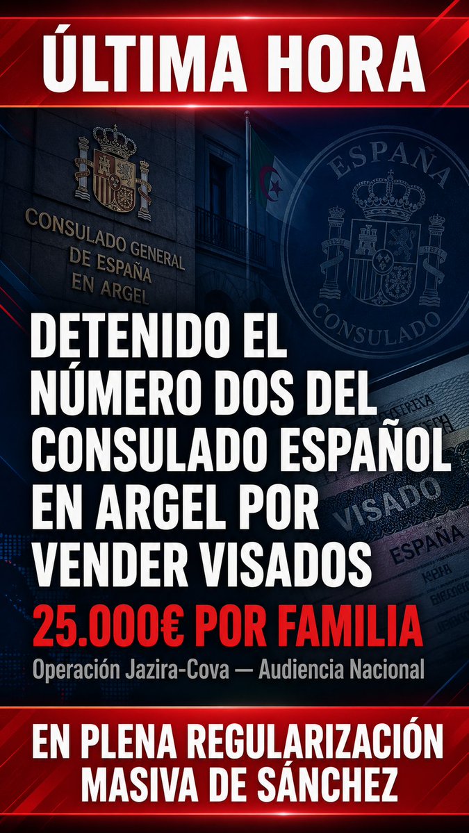 EugenioValle64's tweet image. 🚨 ¡LA AUDIENCIA NACIONAL DETIENE AL NÚMERO DOS DEL CONSULADO ESPAÑOL EN ARGEL POR VENDER VISADOS! 25.000€ por familia. En plena regularización masiva de Sánchez. Y el Gobierno aún ocultaba la norma que valida los documentos.↪️RT #FraudeConsular #Inmigración #España