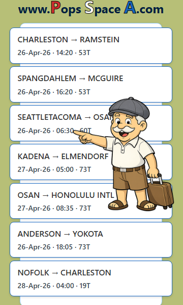 PopsSpaceA's tweet photo. ✈️ The AMC terminals just posted new schedules.

Pop found a flight from SEATTLETACOMA to OSAN AB, KOREA: 60T tentative seats, 26 APR 2026, 06:30 roll call. Check it out!

https://t.co/YYfaPOJTza

#PopsSpaceA #SpaceA #Seattletacoma #Osan https://t.co/JmVfgcNQqW