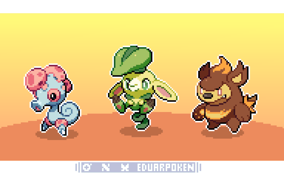 EduarPokeN's tweet photo. Sprites of the @fakemanss_ ' starters!! Wallabud, Tazear and Pygmarine! 🍃🔥🌊 https://t.co/kixo2Y8vz4